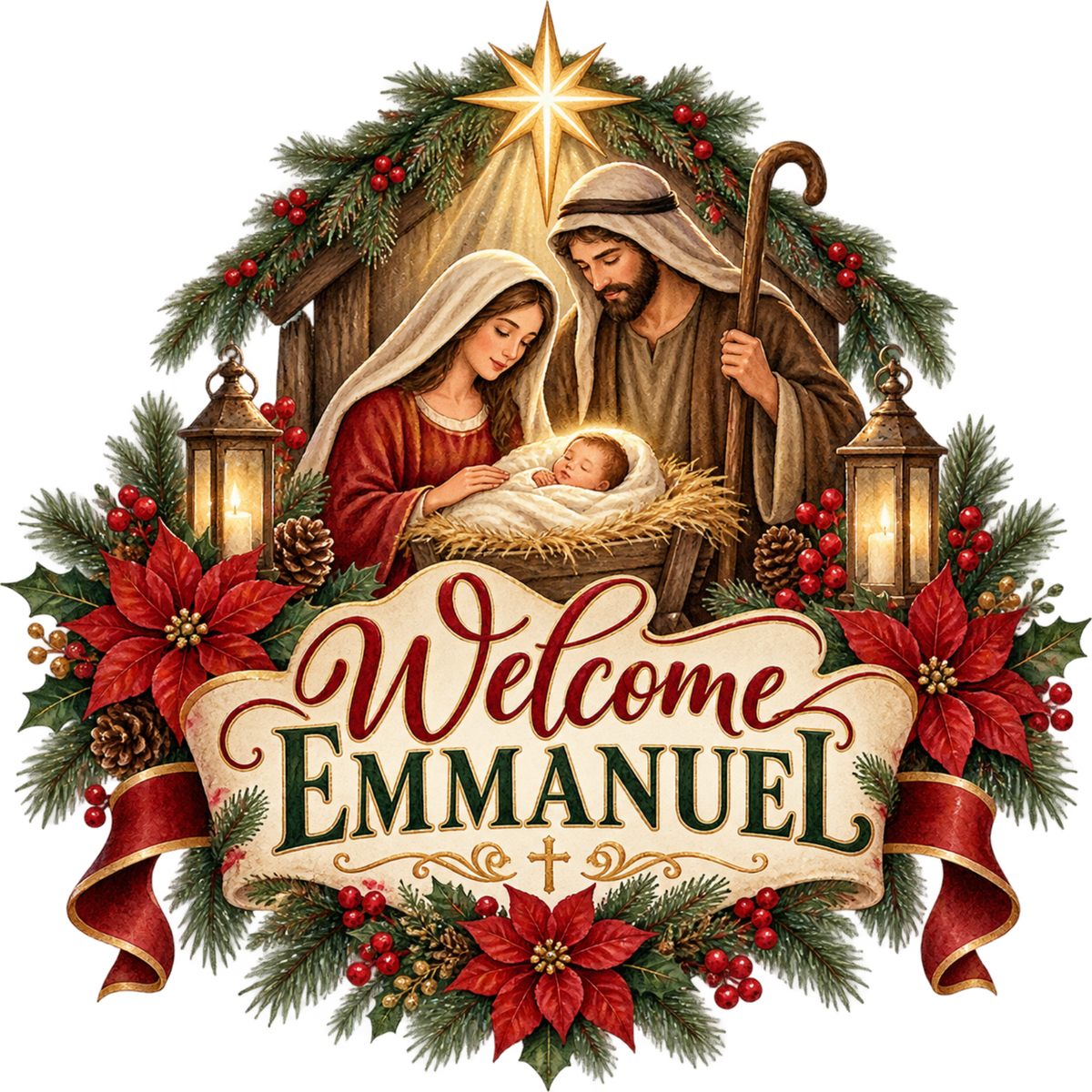 Christian Christmas greeting and nativity DTF transfer design XMAS1481-11. Physical textile transfer only.