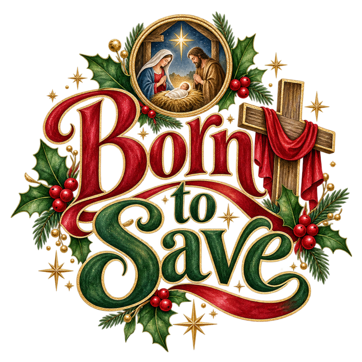 Christian Christmas greeting and nativity DTF transfer design XMAS1481-12. Physical textile transfer only.