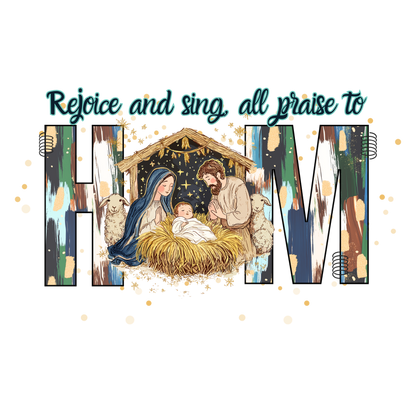 Christian Christmas greeting and nativity DTF transfer design XMAS1481-19. Physical textile transfer only.
