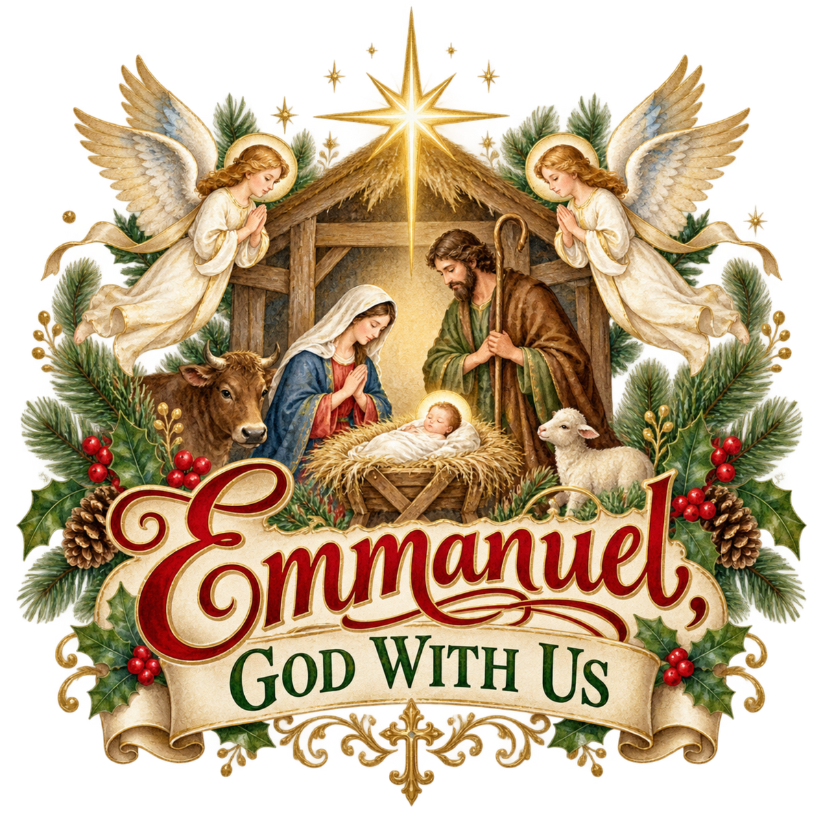 Christian Christmas greeting and nativity DTF transfer design XMAS1481-2. Physical textile transfer only.