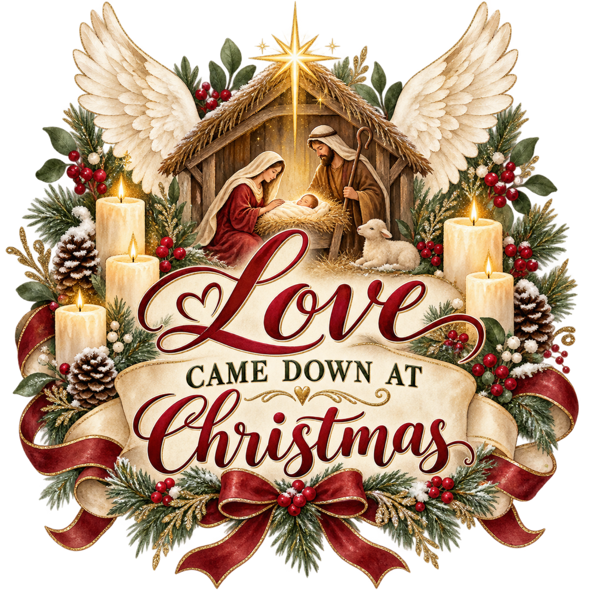 Christian Christmas greeting and nativity DTF transfer design XMAS1481-21. Physical textile transfer only.