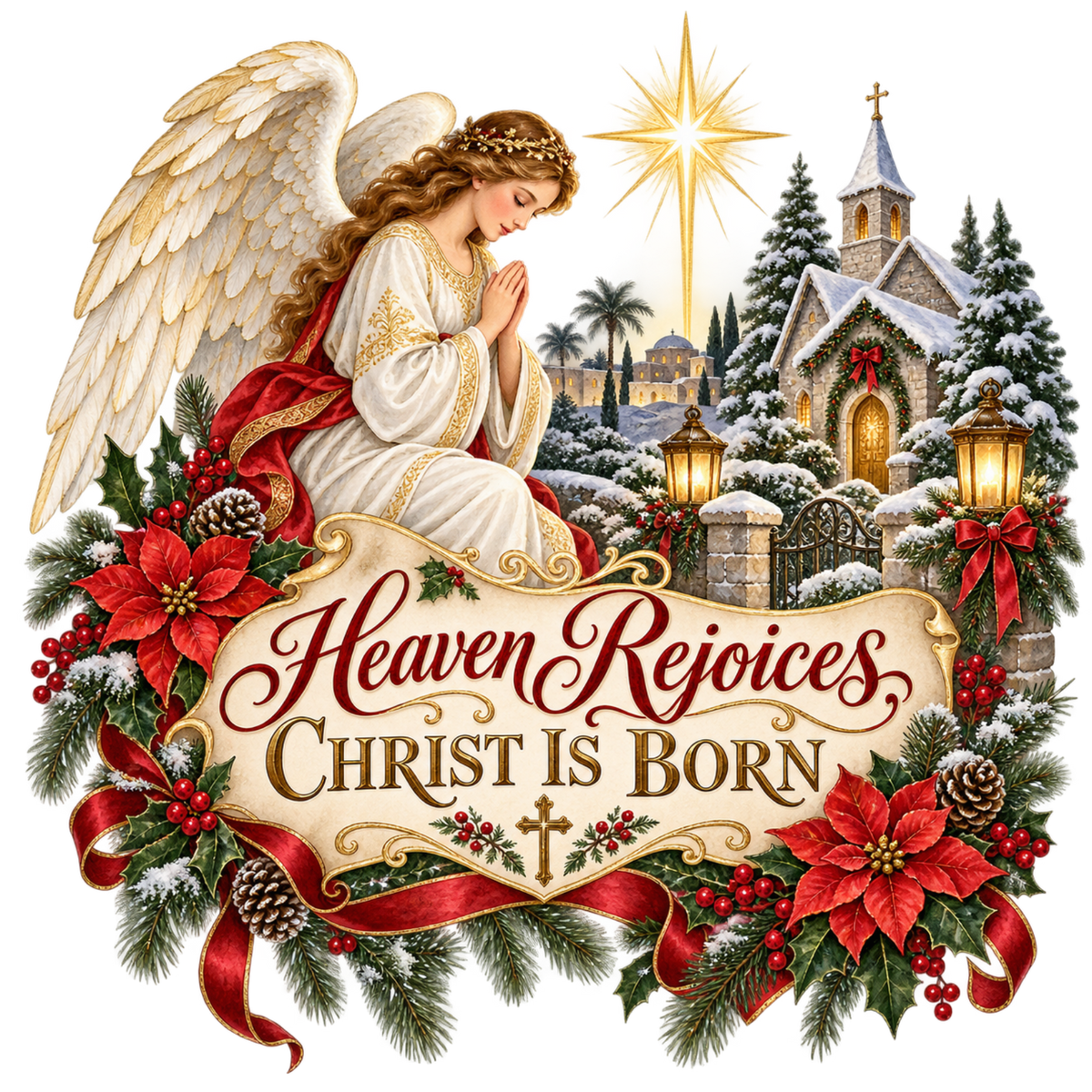 Christian Christmas greeting and nativity DTF transfer design XMAS1481-22. Physical textile transfer only.