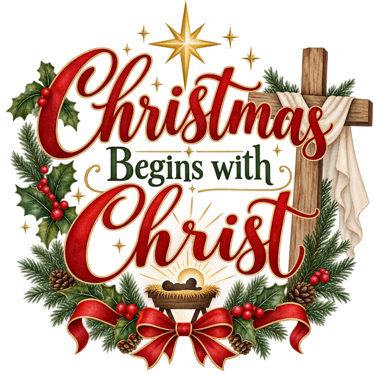 Christian Christmas greeting and nativity DTF transfer design XMAS1481-27. Physical textile transfer only.