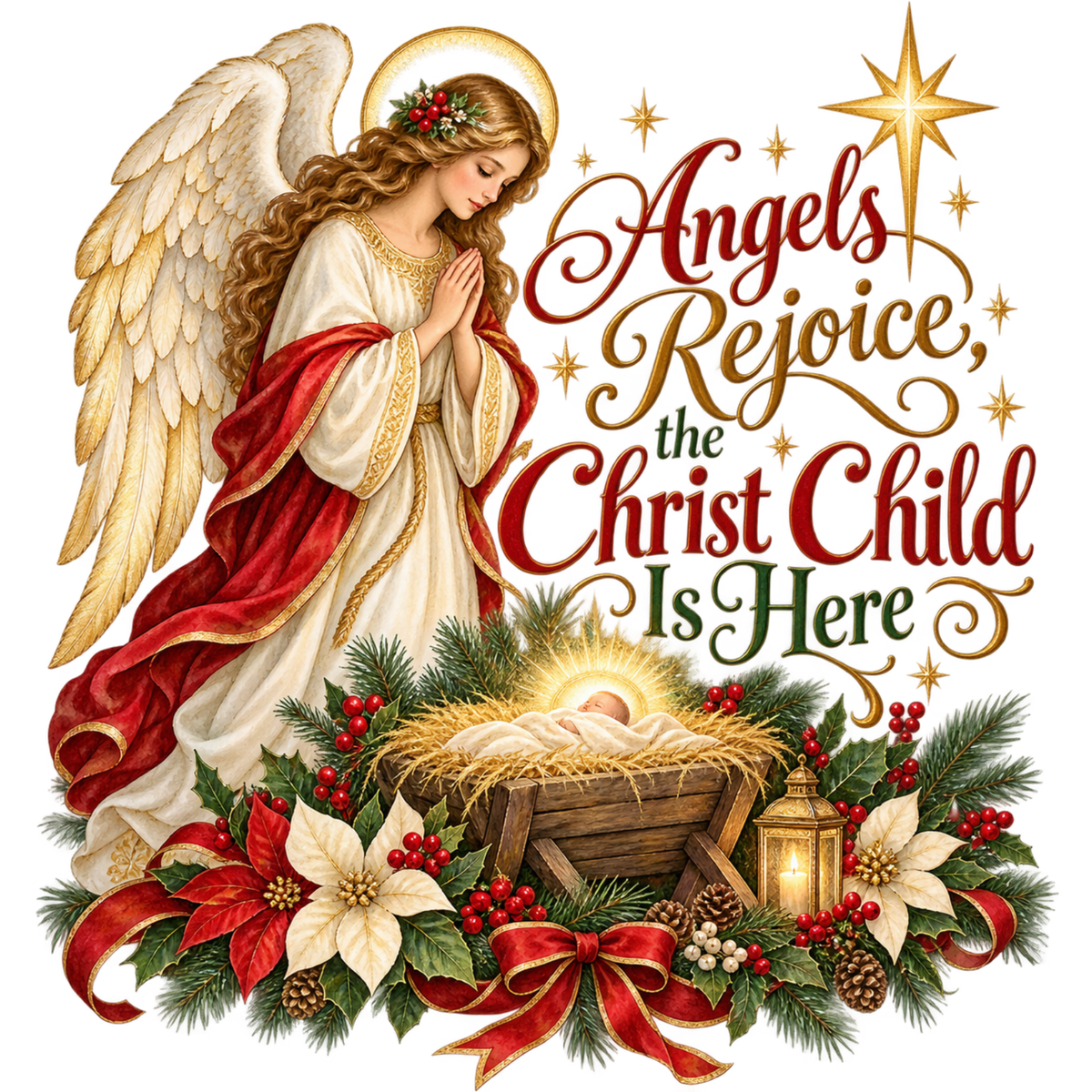 Christian Christmas greeting and nativity DTF transfer design XMAS1481-30. Physical textile transfer only.