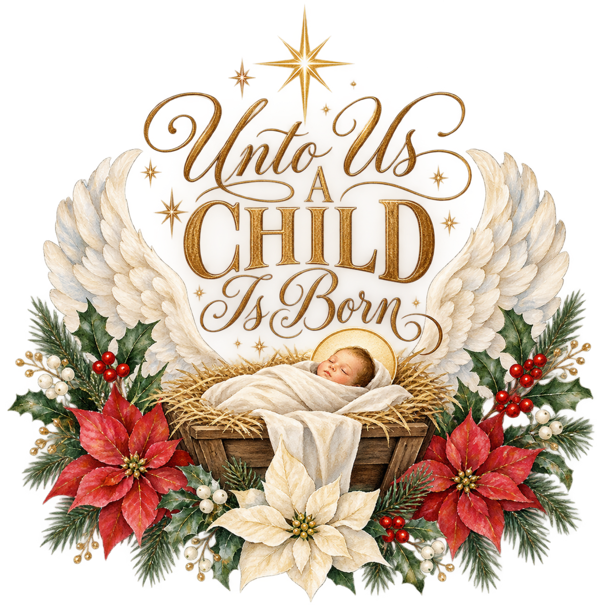 Christian Christmas greeting and nativity DTF transfer design XMAS1481-41. Physical textile transfer only.