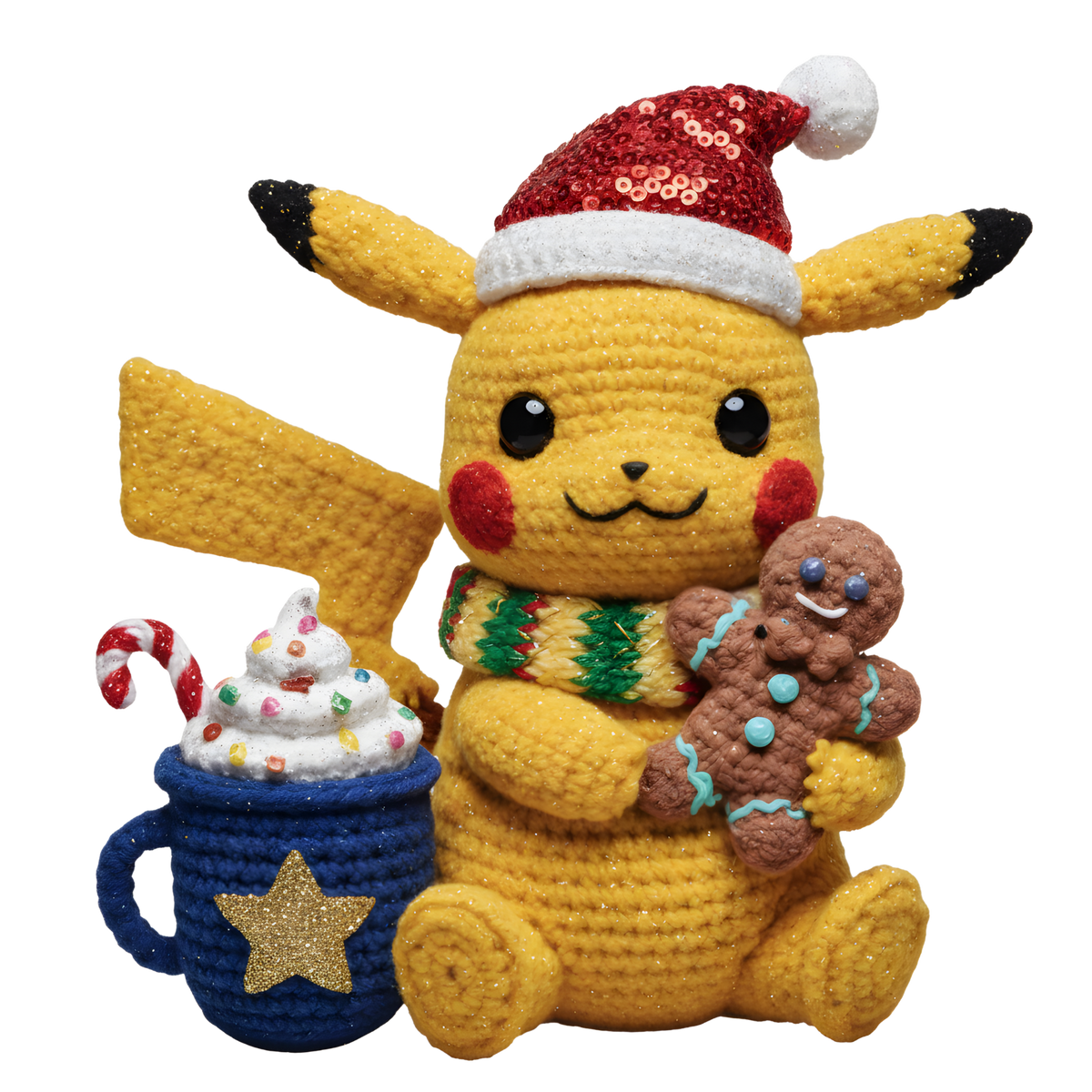 Christmas cocoa crochet-look character DTF transfer design XMAS1482-1. Flat printed textile transfer, not an actual toy or crochet item.