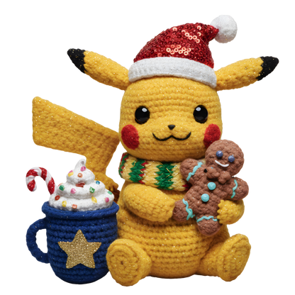 Christmas cocoa crochet-look character DTF transfer design XMAS1482-1. Flat printed textile transfer, not an actual toy or crochet item.
