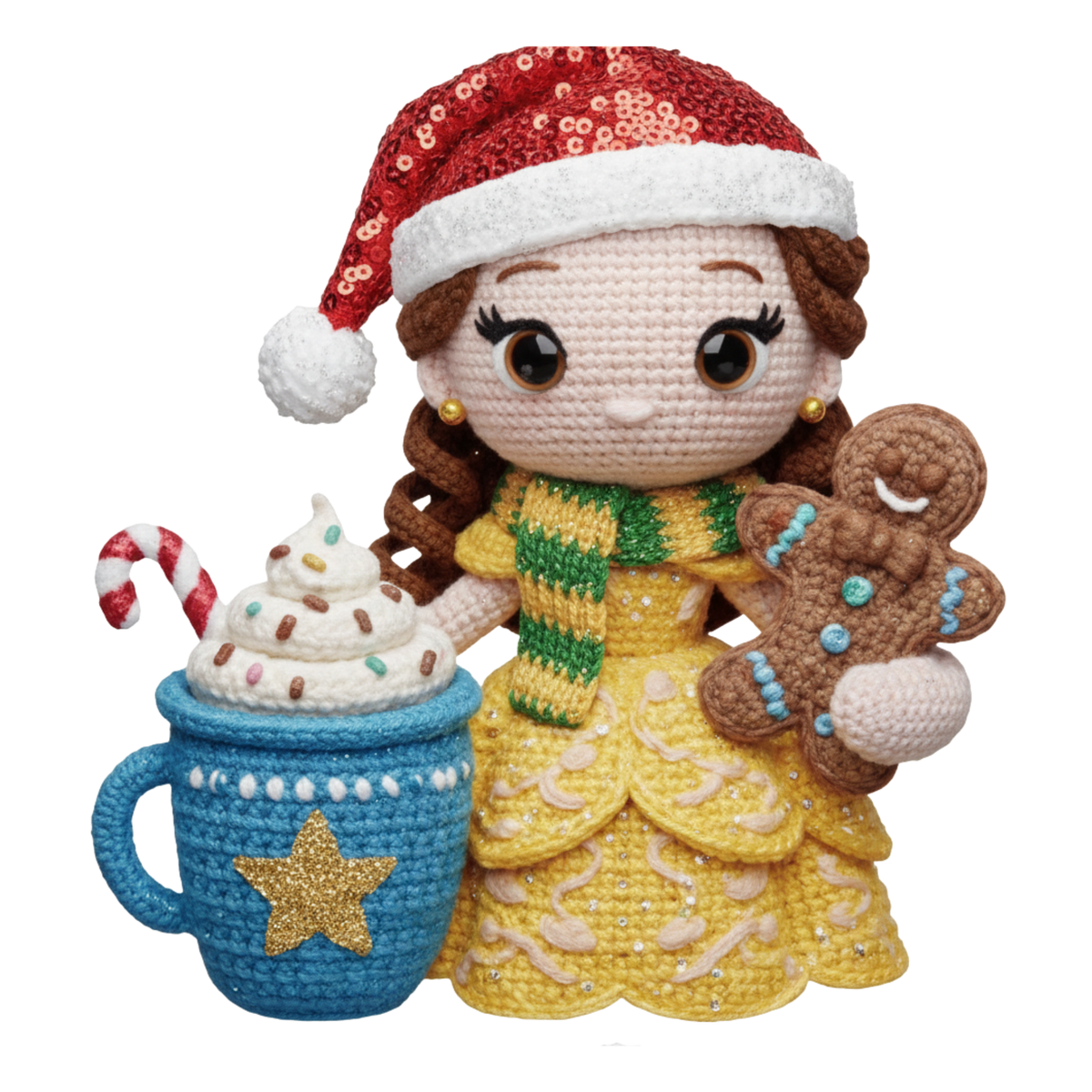 Christmas cocoa crochet-look character DTF transfer design XMAS1482-10. Flat printed textile transfer, not an actual toy or crochet item.