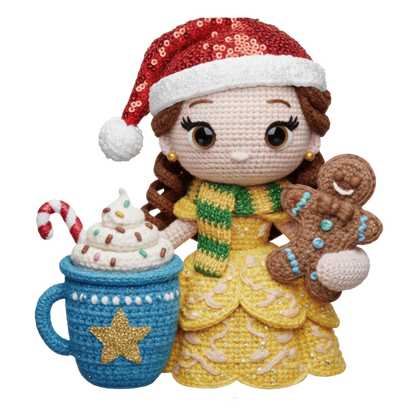 Christmas cocoa crochet-look character DTF transfer design XMAS1482-10. Flat printed textile transfer, not an actual toy or crochet item.