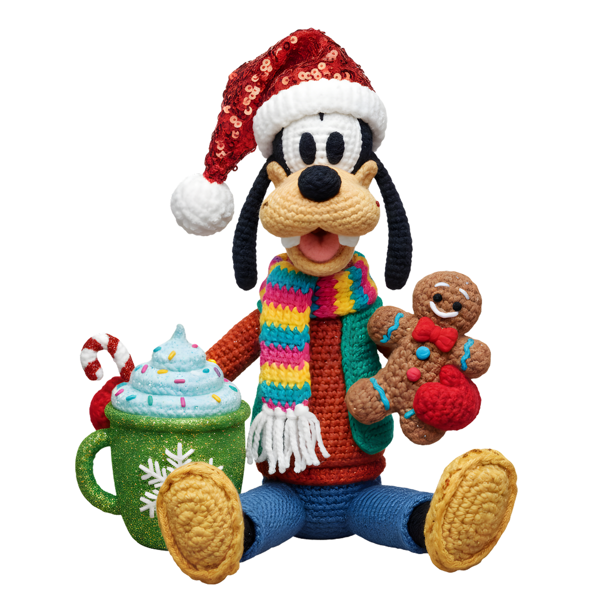 Christmas cocoa crochet-look character DTF transfer design XMAS1482-11. Flat printed textile transfer, not an actual toy or crochet item.