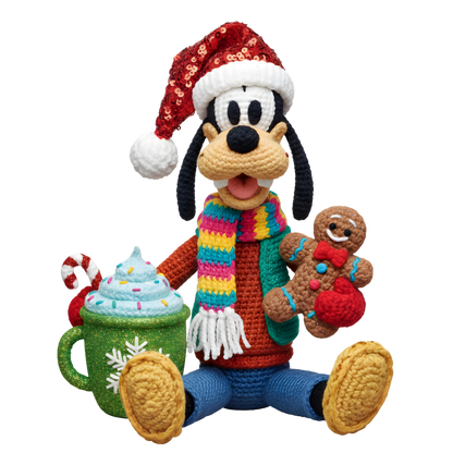 Christmas cocoa crochet-look character DTF transfer design XMAS1482-11. Flat printed textile transfer, not an actual toy or crochet item.