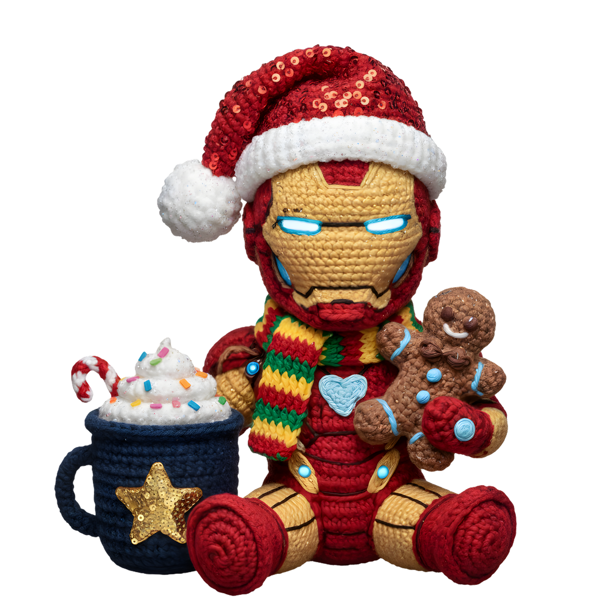 Christmas cocoa crochet-look character DTF transfer design XMAS1482-12. Flat printed textile transfer, not an actual toy or crochet item.