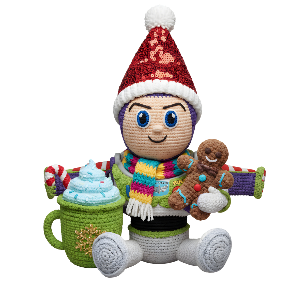 Christmas cocoa crochet-look character DTF transfer design XMAS1482-13. Flat printed textile transfer, not an actual toy or crochet item.