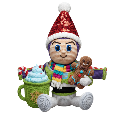 Christmas cocoa crochet-look character DTF transfer design XMAS1482-13. Flat printed textile transfer, not an actual toy or crochet item.
