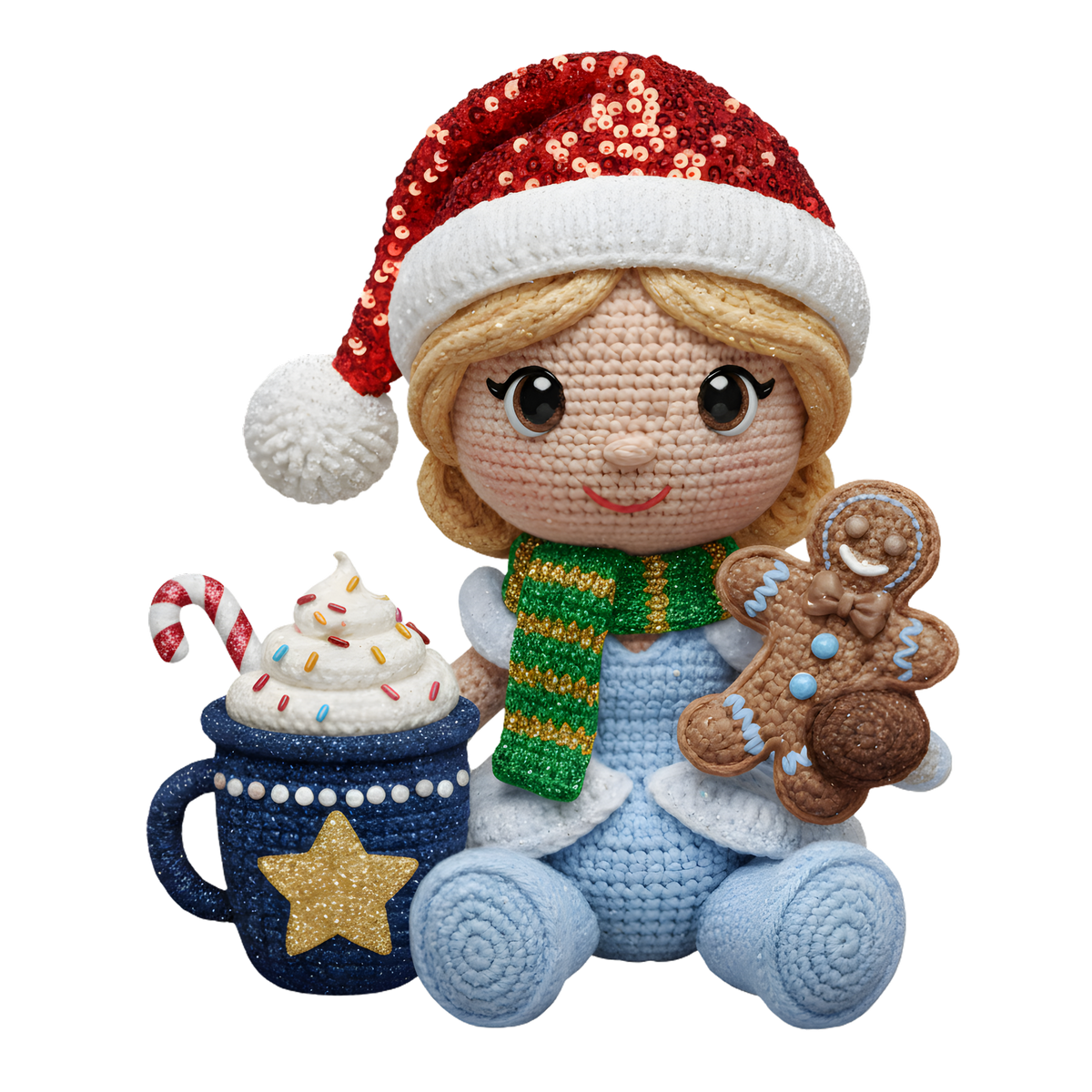Christmas cocoa crochet-look character DTF transfer design XMAS1482-14. Flat printed textile transfer, not an actual toy or crochet item.