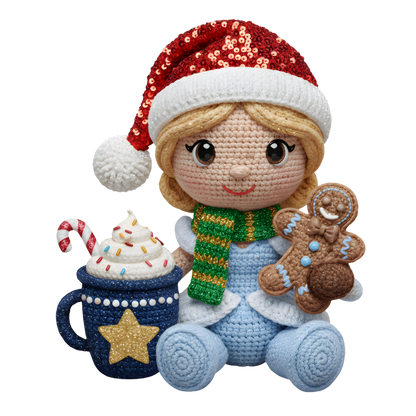 Christmas cocoa crochet-look character DTF transfer design XMAS1482-14. Flat printed textile transfer, not an actual toy or crochet item.