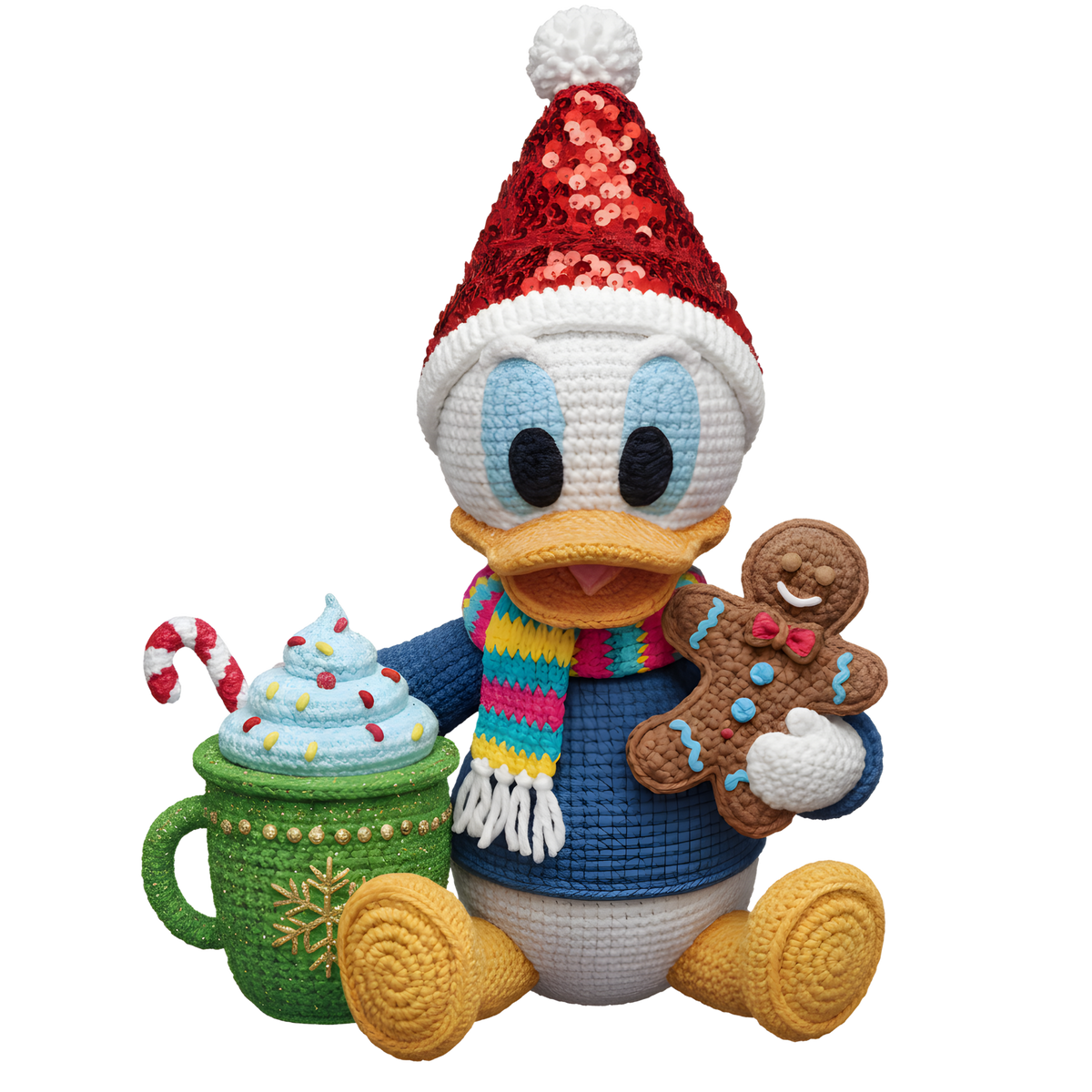 Christmas cocoa crochet-look character DTF transfer design XMAS1482-15. Flat printed textile transfer, not an actual toy or crochet item.