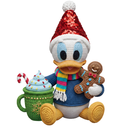 Christmas cocoa crochet-look character DTF transfer design XMAS1482-15. Flat printed textile transfer, not an actual toy or crochet item.