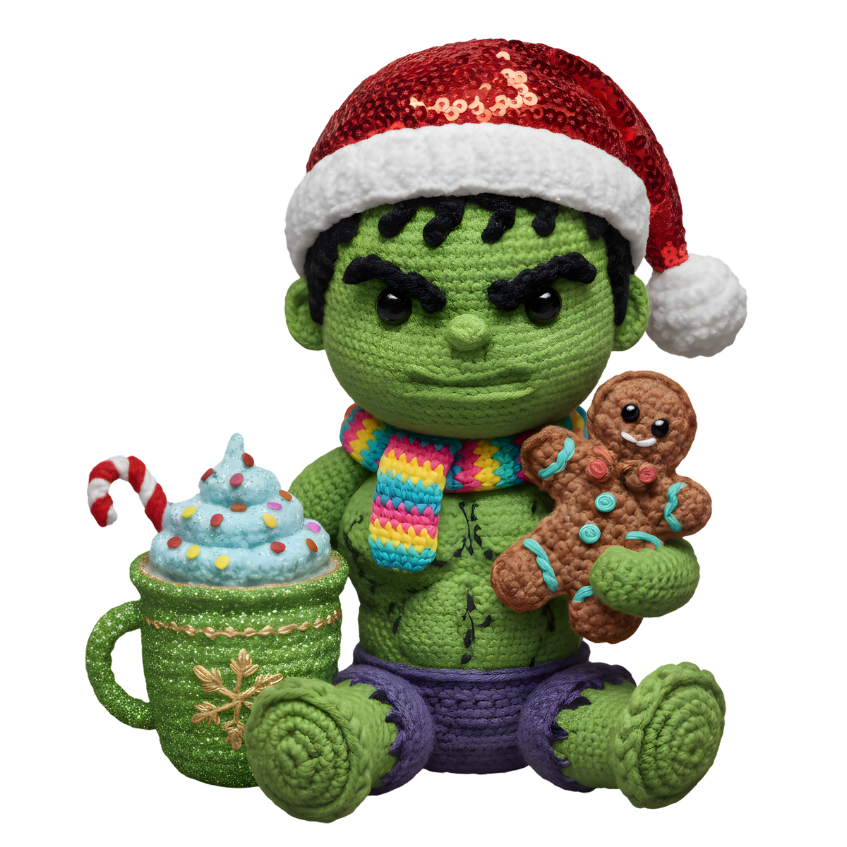 Christmas cocoa crochet-look character DTF transfer design XMAS1482-16. Flat printed textile transfer, not an actual toy or crochet item.