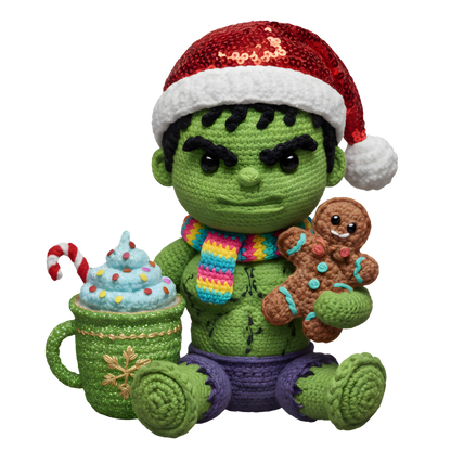 Christmas cocoa crochet-look character DTF transfer design XMAS1482-16. Flat printed textile transfer, not an actual toy or crochet item.