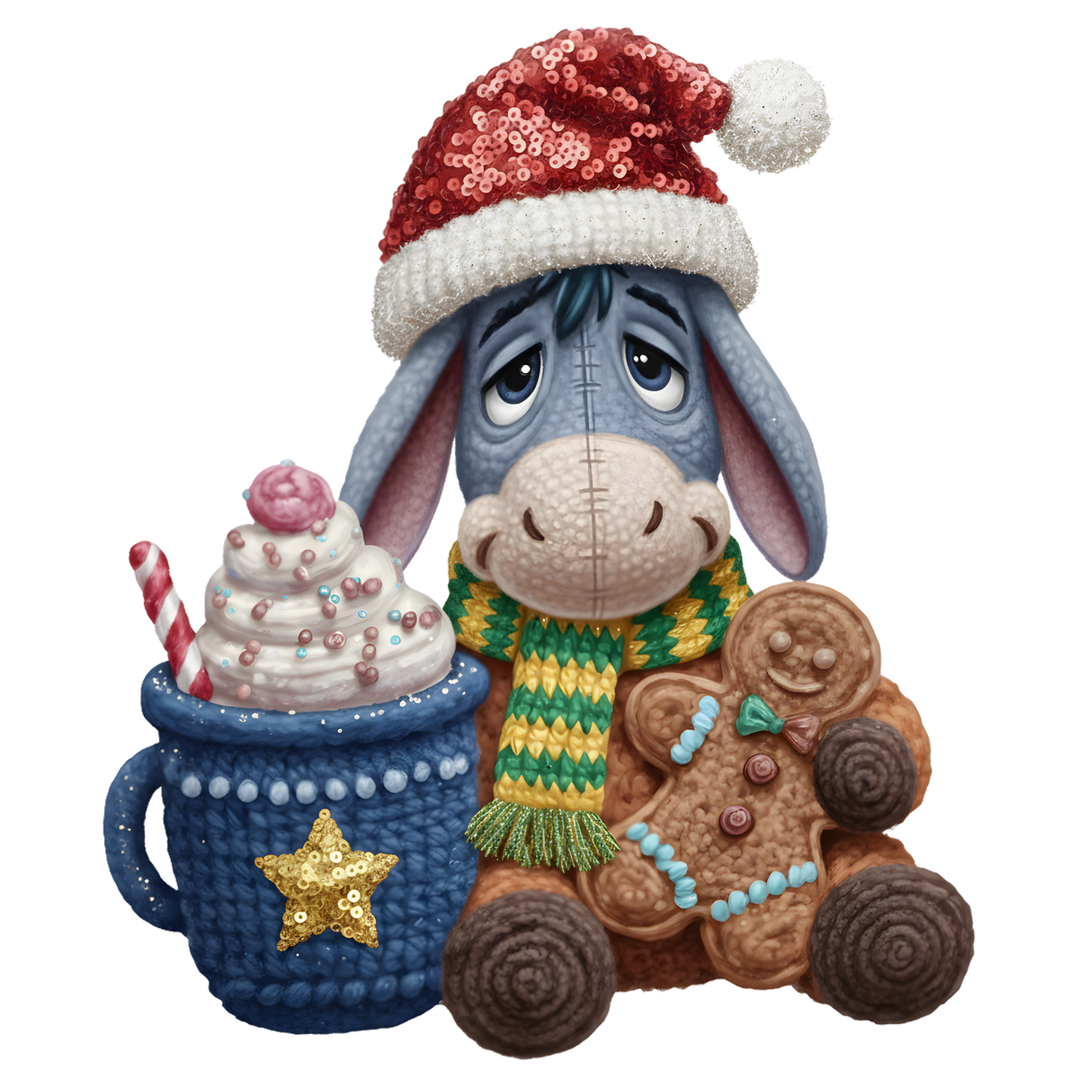 Christmas cocoa crochet-look character DTF transfer design XMAS1482-17. Flat printed textile transfer, not an actual toy or crochet item.