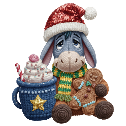 Christmas cocoa crochet-look character DTF transfer design XMAS1482-17. Flat printed textile transfer, not an actual toy or crochet item.