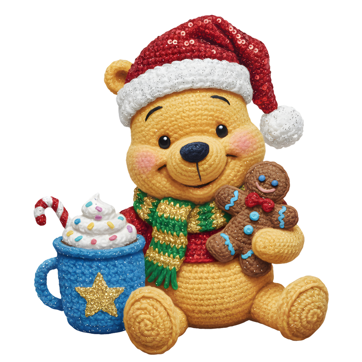 Christmas cocoa crochet-look character DTF transfer design XMAS1482-18. Flat printed textile transfer, not an actual toy or crochet item.