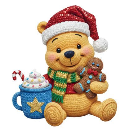 Christmas cocoa crochet-look character DTF transfer design XMAS1482-18. Flat printed textile transfer, not an actual toy or crochet item.