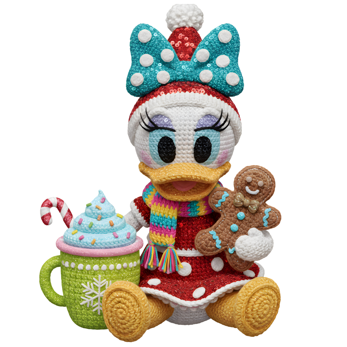 Christmas cocoa crochet-look character DTF transfer design XMAS1482-19. Flat printed textile transfer, not an actual toy or crochet item.