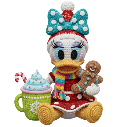 Christmas cocoa crochet-look character DTF transfer design XMAS1482-19. Flat printed textile transfer, not an actual toy or crochet item.