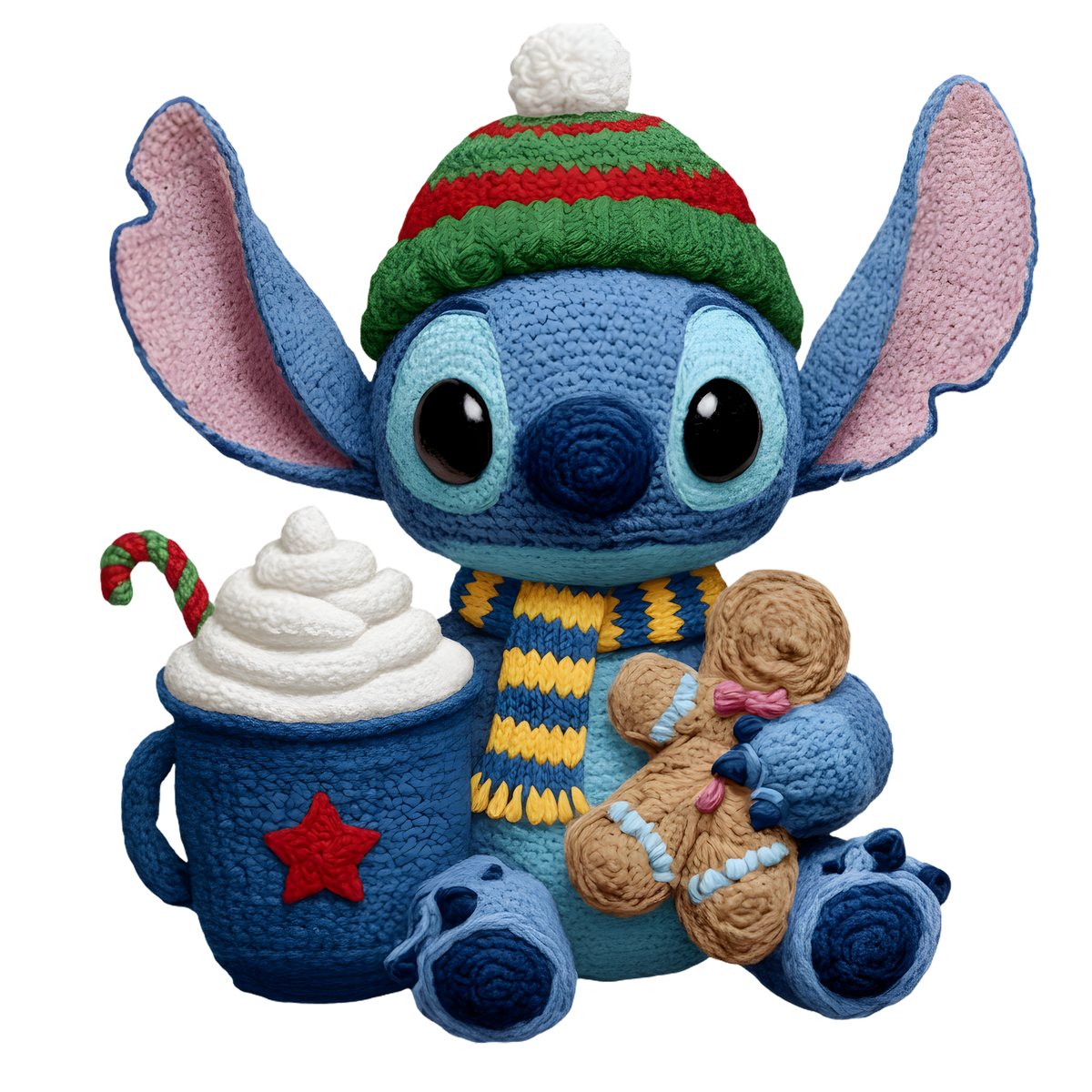 Christmas cocoa crochet-look character DTF transfer design XMAS1482-2. Flat printed textile transfer, not an actual toy or crochet item.