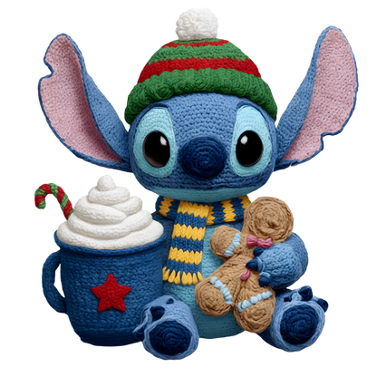 Christmas cocoa crochet-look character DTF transfer design XMAS1482-2. Flat printed textile transfer, not an actual toy or crochet item.