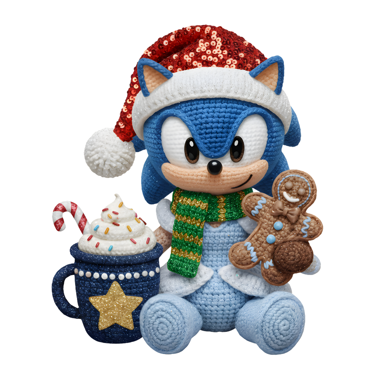 Christmas cocoa crochet-look character DTF transfer design XMAS1482-20. Flat printed textile transfer, not an actual toy or crochet item.