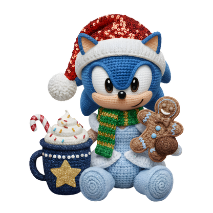 Christmas cocoa crochet-look character DTF transfer design XMAS1482-20. Flat printed textile transfer, not an actual toy or crochet item.