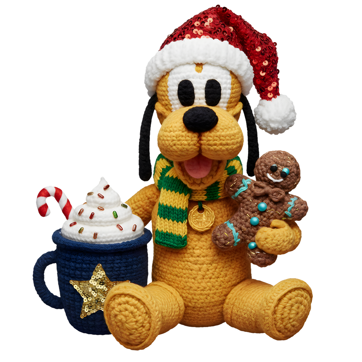 Christmas cocoa crochet-look character DTF transfer design XMAS1482-21. Flat printed textile transfer, not an actual toy or crochet item.