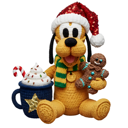 Christmas cocoa crochet-look character DTF transfer design XMAS1482-21. Flat printed textile transfer, not an actual toy or crochet item.