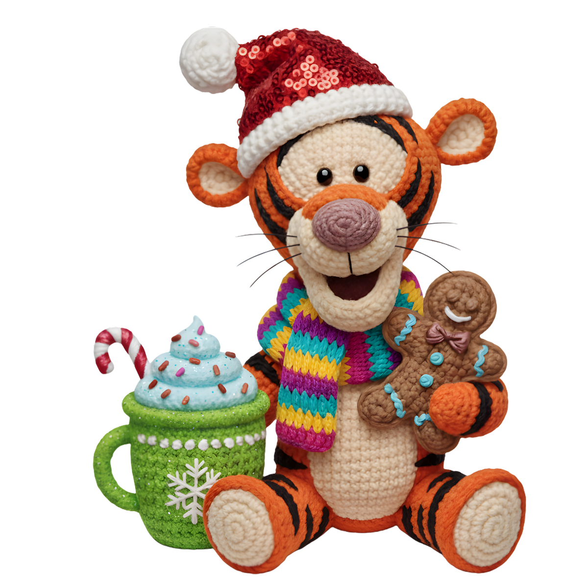 Christmas cocoa crochet-look character DTF transfer design XMAS1482-22. Flat printed textile transfer, not an actual toy or crochet item.