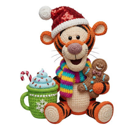 Christmas cocoa crochet-look character DTF transfer design XMAS1482-22. Flat printed textile transfer, not an actual toy or crochet item.