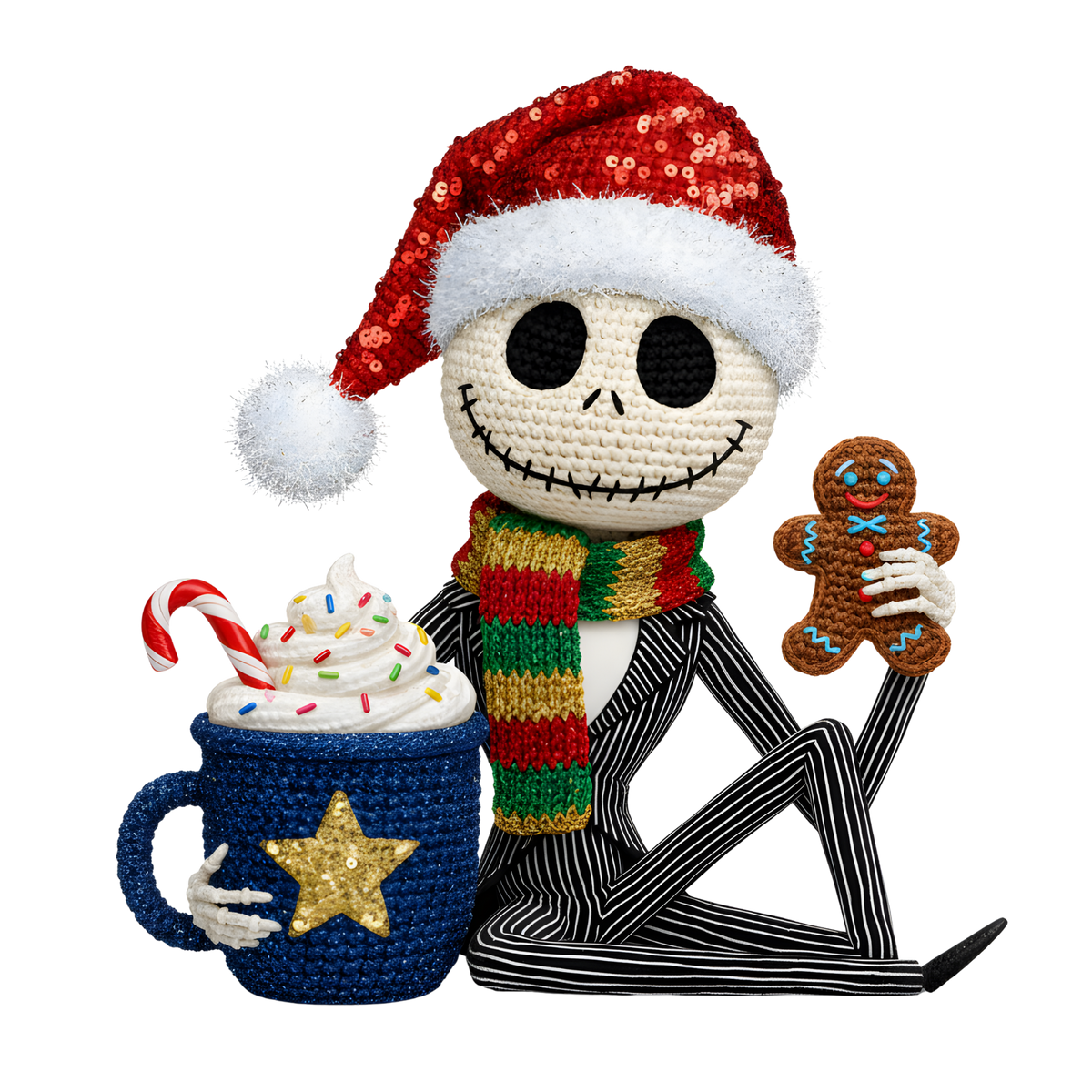 Christmas cocoa crochet-look character DTF transfer design XMAS1482-23. Flat printed textile transfer, not an actual toy or crochet item.