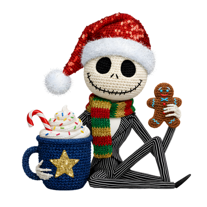Christmas cocoa crochet-look character DTF transfer design XMAS1482-23. Flat printed textile transfer, not an actual toy or crochet item.
