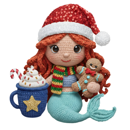Christmas cocoa crochet-look character DTF transfer design XMAS1482-24. Flat printed textile transfer, not an actual toy or crochet item.
