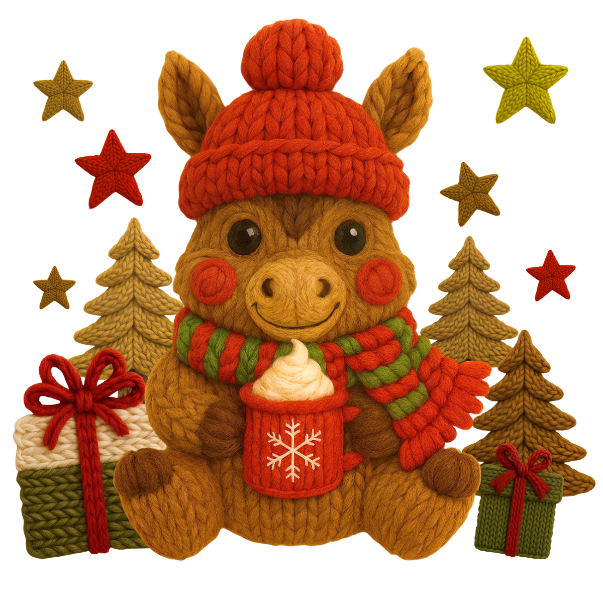 Christmas cocoa crochet-look character DTF transfer design XMAS1482-25. Flat printed textile transfer, not an actual toy or crochet item.