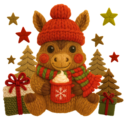 Christmas cocoa crochet-look character DTF transfer design XMAS1482-25. Flat printed textile transfer, not an actual toy or crochet item.