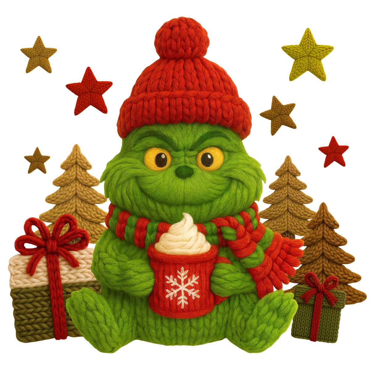 Christmas cocoa crochet-look character DTF transfer design XMAS1482-26. Flat printed textile transfer, not an actual toy or crochet item.