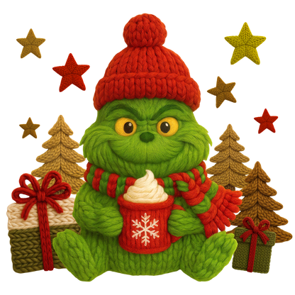 Christmas cocoa crochet-look character DTF transfer design XMAS1482-26. Flat printed textile transfer, not an actual toy or crochet item.