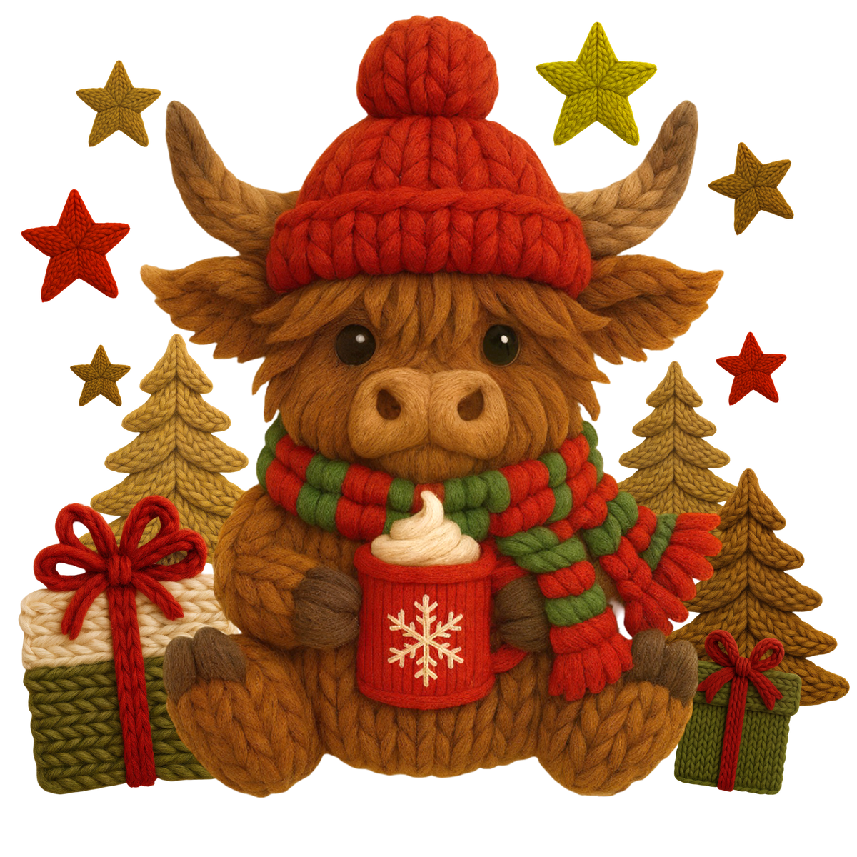 Christmas cocoa crochet-look character DTF transfer design XMAS1482-27. Flat printed textile transfer, not an actual toy or crochet item.