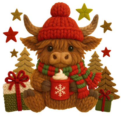 Christmas cocoa crochet-look character DTF transfer design XMAS1482-27. Flat printed textile transfer, not an actual toy or crochet item.