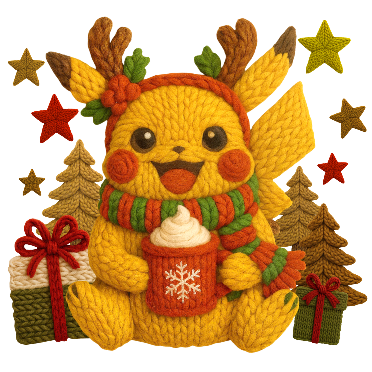 Christmas cocoa crochet-look character DTF transfer design XMAS1482-28. Flat printed textile transfer, not an actual toy or crochet item.
