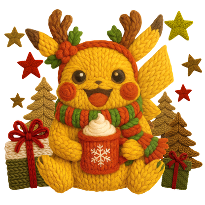 Christmas cocoa crochet-look character DTF transfer design XMAS1482-28. Flat printed textile transfer, not an actual toy or crochet item.