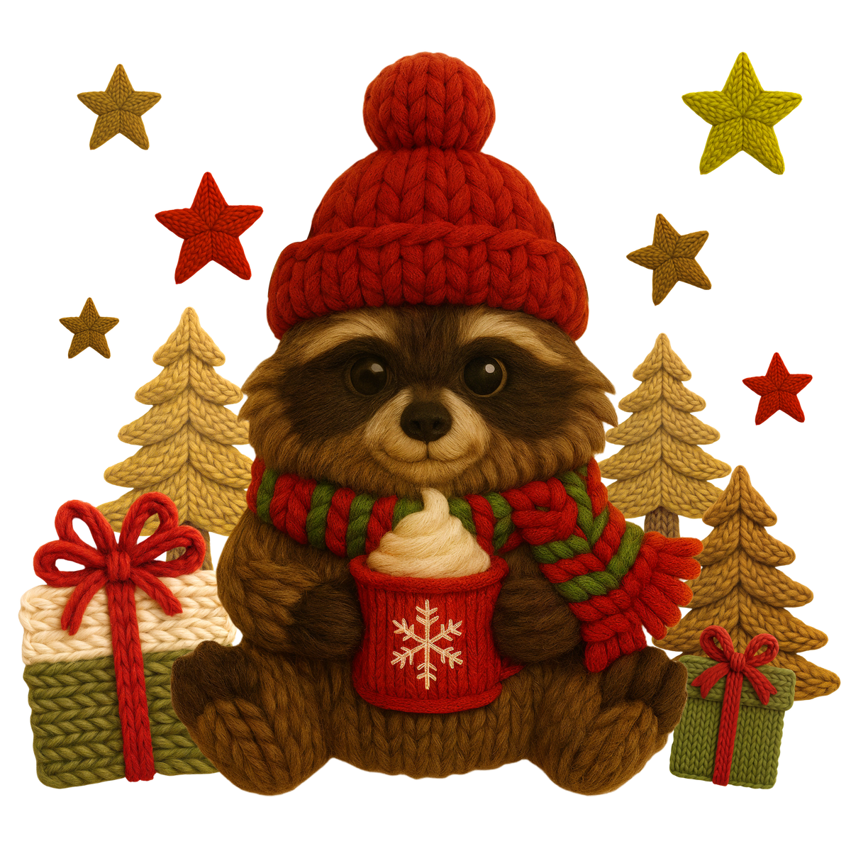Christmas cocoa crochet-look character DTF transfer design XMAS1482-29. Flat printed textile transfer, not an actual toy or crochet item.